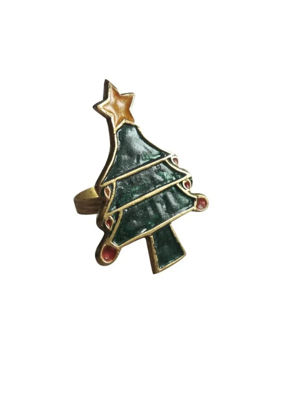 VTG Pier 1 Brass Enamel Christmas Tree Napkin Rings Set of 8